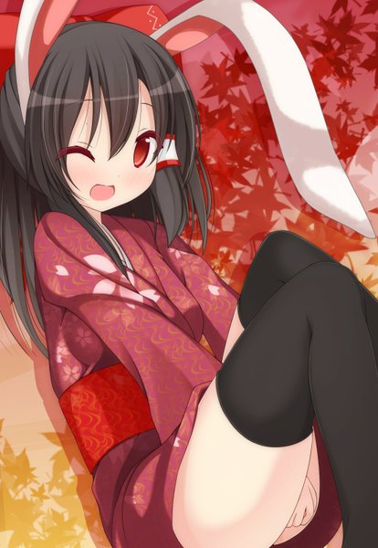 Anime picture 1042x1510 with touhou hakurei reimu chimunge long hair tall image open mouth black hair red eyes japanese clothes one eye closed wink bunny ears girl thighhighs black thighhighs kimono leaf (leaves) obi