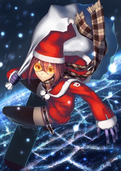 Anime picture 1000x1412 with original ac (eshi) single tall image short hair smile brown hair brown eyes christmas girl thighhighs black thighhighs scarf santa claus hat goggles santa claus costume
