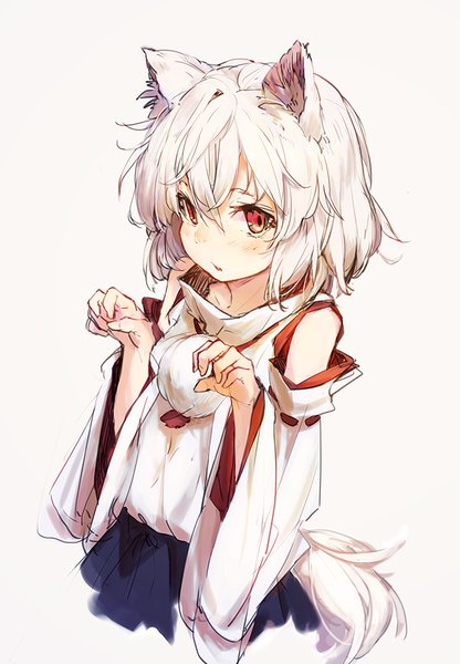 Anime picture 700x1010 with touhou inubashiri momiji amoranorem single tall image looking at viewer blush fringe short hair simple background red eyes animal ears white hair tail long sleeves parted lips animal tail from above grey background wide sleeves