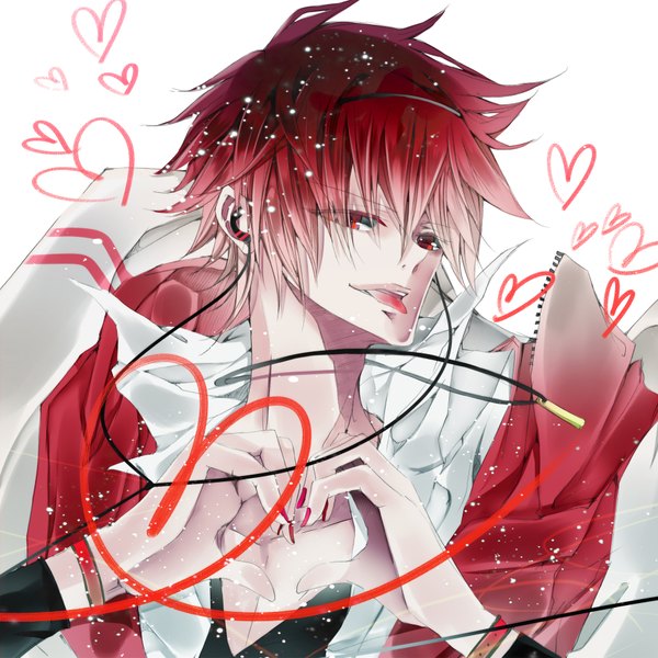 Anime picture 1850x1850 with vocaloid akaito daiviad single highres short hair red eyes white background red hair nail polish :p heart hands heart of string boy heart tongue headphones wire (wires)
