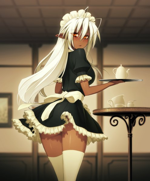 Anime picture 2048x2480 with full metal daemon muramasa nitroplus sandaime muramasa namaniku atk single long hair tall image highres light erotic yellow eyes ahoge white hair looking back pointy ears from behind maid orange eyes dark skin elf girl