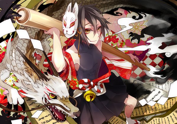 Anime picture 1224x859 with original musou yuchi single looking at viewer short hair black hair bare shoulders yellow eyes mask on head boy socks white socks bell mask jingle bell dragon paintbrush calligraphy brush