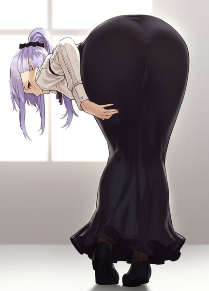 Anime picture 720x1000 with original houtengeki single long hair tall image light erotic standing payot purple hair full body ass ponytail pink eyes looking back pointy ears leaning leaning forward foreshortening girl skirt