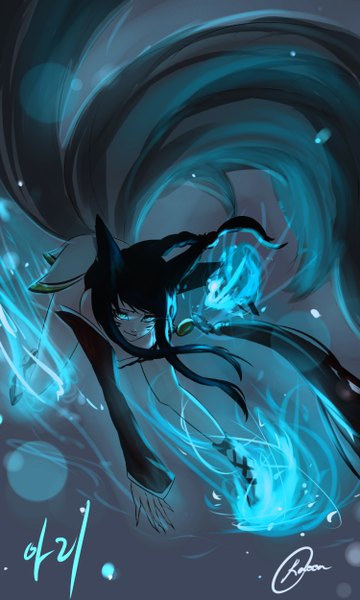 Anime picture 3000x5000 with league of legends ahri (league of legends) racoon single long hair tall image looking at viewer fringe highres black hair smile bare shoulders animal ears tail animal tail lips fox ears magic facial mark glowing