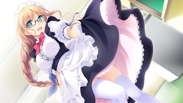 Anime picture 1280x720 with astraythem ginta long hair open mouth blonde hair wide image game cg braid (braids) maid girl thighhighs white thighhighs glasses headdress maid headdress