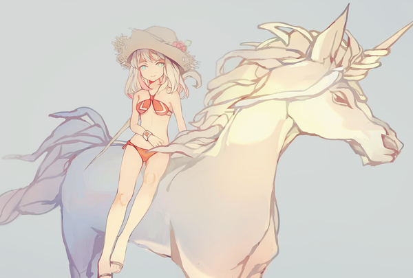 Anime picture 1280x864 with final fantasy xiv y'shtola rhul xiaohan single long hair looking at viewer light erotic simple background sitting bare shoulders white hair aqua eyes grey background riding girl swimsuit hat animal bikini bracelet