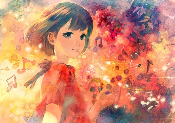 Anime picture 1754x1240 with original kaisen single fringe highres short hair smile brown hair lips grey eyes glowing girl musical note
