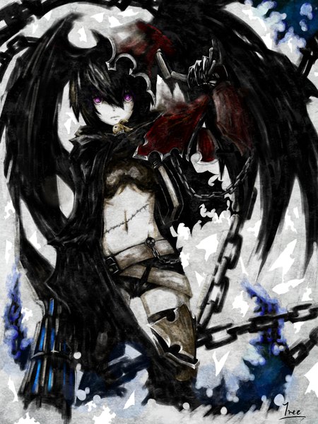 Anime picture 2448x3264 with black rock shooter insane black rock shooter single long hair tall image highres black hair purple eyes signed torn clothes scar girl weapon shorts armor chain cloak