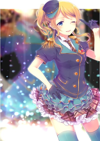Anime picture 2507x3541 with love live! school idol project sunrise (studio) love live! ayase eli shiki hinako single long hair tall image highres open mouth blue eyes blonde hair one eye closed wink girl thighhighs dress gloves peaked cap