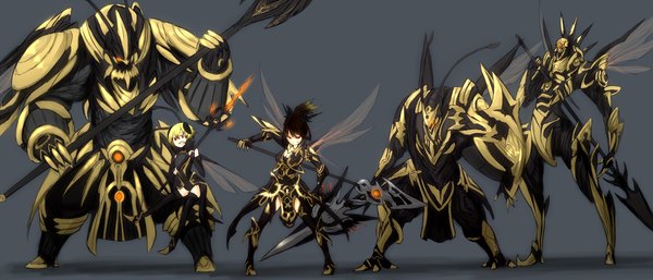 Anime picture 4000x1714 with original ganesagi long hair highres simple background wide image absurdres multicolored hair grey background grin gradient hair group insect wings insect girl girl gloves weapon tongue armor insect