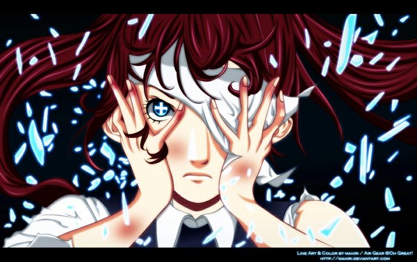 Anime picture 950x600 with air gear toei animation noyamano ringo makiri single long hair looking at viewer blush blue eyes simple background twintails bare shoulders red hair wind coloring dark background + + hands on face girl eyepatch