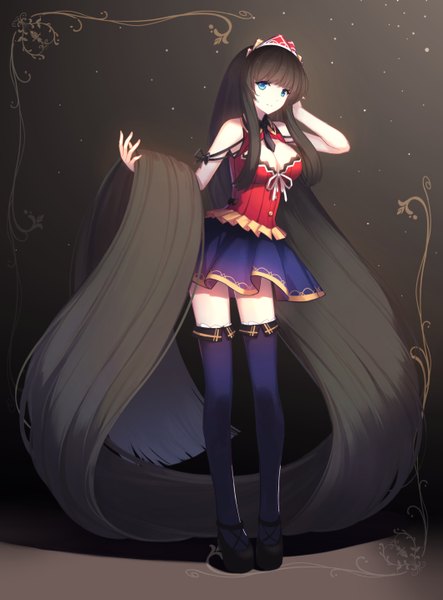 Anime picture 1059x1433 with original cubies (tiger 205) single tall image looking at viewer blue eyes black hair bare shoulders very long hair dark background girl thighhighs dress black thighhighs