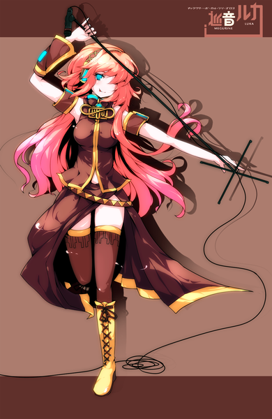 Anime picture 1038x1595 with vocaloid megurine luka ideolo long hair tall image fringe smile pink hair aqua eyes hair over one eye lacing brown background girl thighhighs detached sleeves thigh boots wire (wires) microphone stand