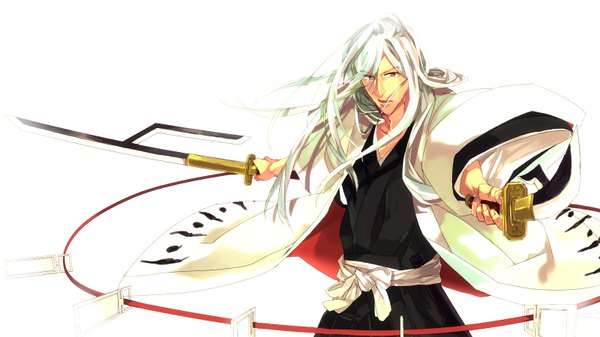 Anime picture 1600x900 with bleach studio pierrot ukitake juushirou kobayakawa nikki single long hair looking at viewer open mouth simple background red eyes wide image white background holding white hair traditional clothes japanese clothes shinigami gotei boy weapon