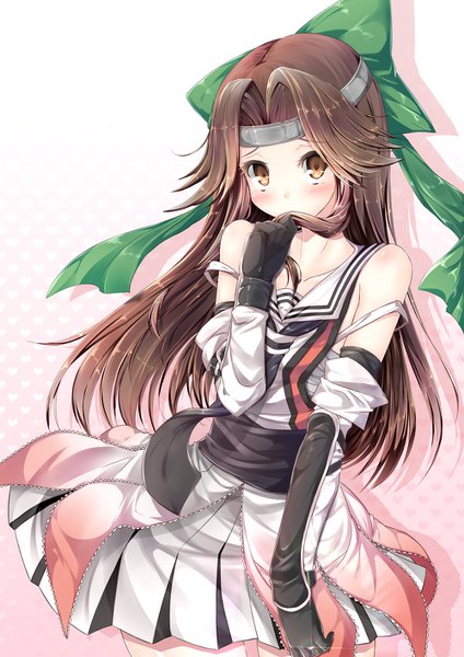 Anime picture 1000x1414 with kantai collection jintsuu light cruiser inu3 single long hair tall image looking at viewer blush light erotic brown hair standing bare shoulders holding brown eyes leaning embarrassed lens flare strap slip covered mouth remodel (kantai collection)