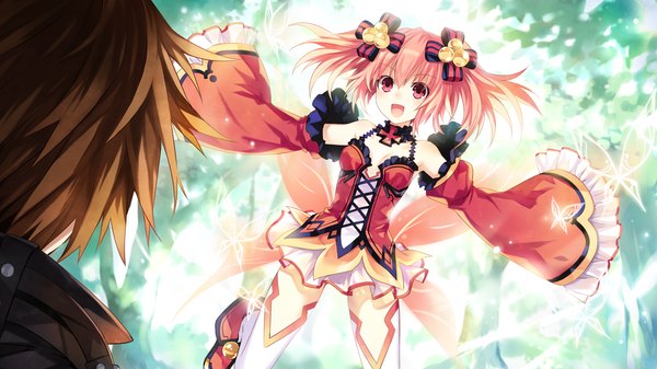 Anime picture 1280x720 with fairy fencer f eryn (fairy fencer f) fang (fairy fencer f) tsunako open mouth smile brown hair wide image twintails bare shoulders pink hair game cg long sleeves pink eyes looking down short twintails jumping thighhighs dress hair ornament