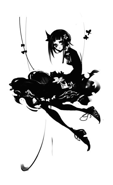Anime picture 979x1598 with original kiku (kicdoc) single long hair tall image looking at viewer black hair white background hair flower black eyes monochrome girl dress hair ornament flower (flowers) pantyhose shoes black dress insect butterfly