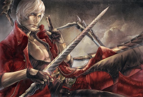 Anime picture 1254x848 with devil may cry dante (devil may cry) kazuo-sama (artist) single short hair blue eyes white hair boy gloves flower (flowers) weapon sword belt rose (roses) cloak red rose