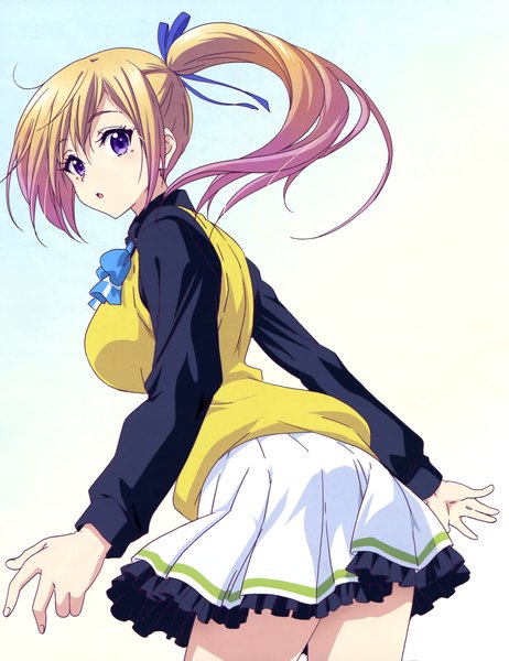 Anime picture 3142x4081 with musaigen no phantom world kawakami mai ikeda kazumi single long hair tall image highres blonde hair purple eyes absurdres official art side ponytail girl skirt uniform school uniform miniskirt