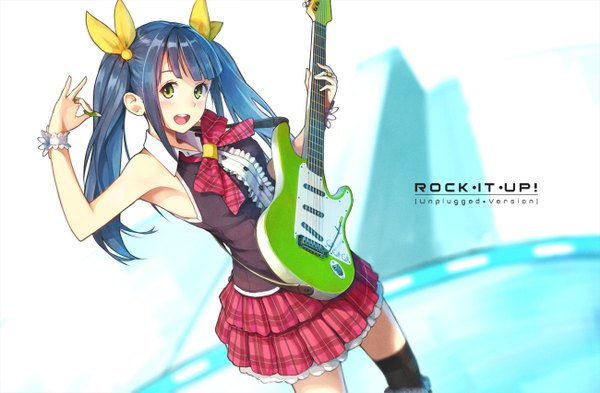 Anime picture 1300x853 with original efmoe single long hair looking at viewer open mouth twintails green eyes blue hair inscription girl thighhighs skirt ribbon (ribbons) black thighhighs hair ribbon miniskirt vest musical instrument guitar