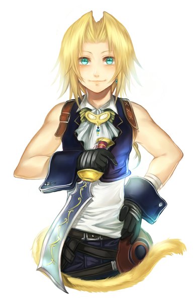 Anime picture 650x1000 with final fantasy final fantasy ix square enix zidane tribal f-wd single long hair tall image blush simple background blonde hair white background aqua eyes hand on hip boy gloves weapon sword belt wrist cuffs