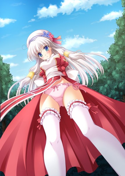 Anime picture 1247x1743 with ragnarok online furukawa lemon single long hair tall image blush blue eyes light erotic sky cloud (clouds) white hair girl thighhighs underwear panties plant (plants) white thighhighs tree (trees)