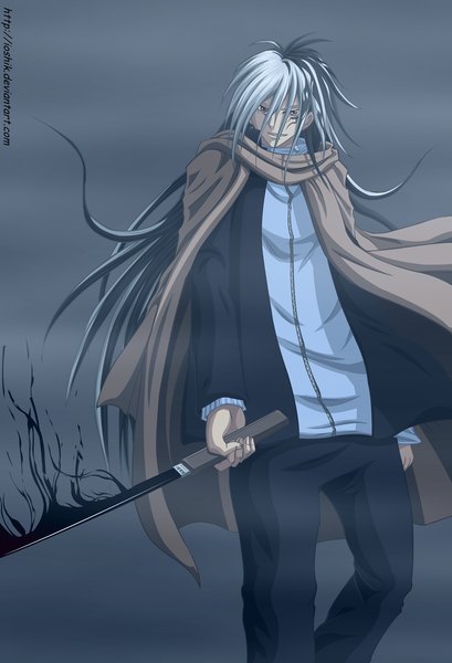 Anime picture 886x1300 with nurarihyon no mago nurarihyon ioshik single long hair tall image smile red eyes silver hair tattoo coloring magic smoke boy weapon sword scarf katana cloak