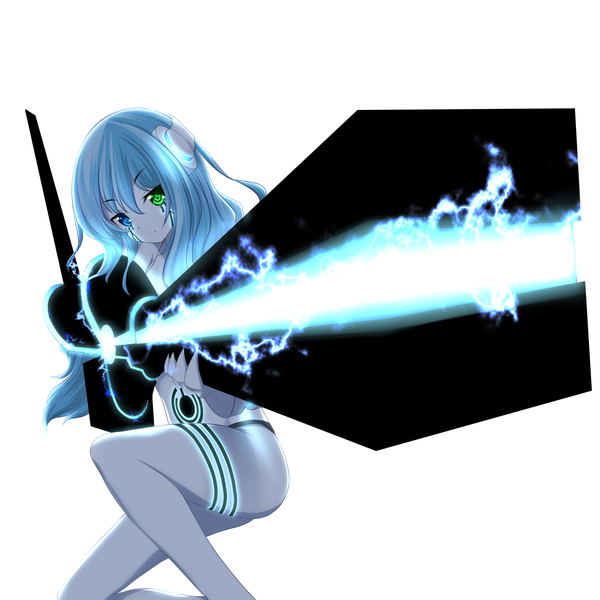 Anime picture 1200x1200 with original kiyomin single long hair looking at viewer blue eyes white background green eyes blue hair heterochromia monster girl girl huge weapon