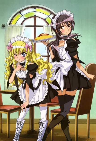 Anime picture 4080x5962 with kaichou wa maid-sama! megami magazine ayuzawa misaki hyoudou aoi tagme (artist) tall image highres blue eyes black hair blonde hair yellow eyes absurdres official art maid otoko no ko girl thighhighs boy thigh boots