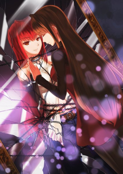 Anime picture 2480x3507 with original qingmingtongzi long hair tall image highres red eyes brown hair multiple girls red hair eyes closed girl dress 2 girls detached sleeves chain mirror
