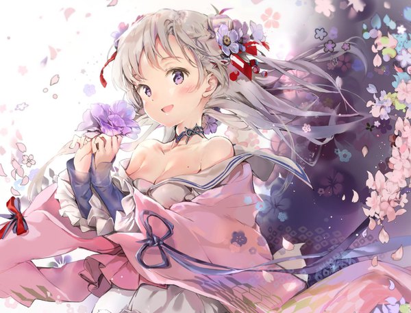Anime picture 1258x960 with original anmi single long hair blush fringe breasts open mouth smile purple eyes bare shoulders looking away cleavage upper body braid (braids) long sleeves :d hair flower wind grey hair