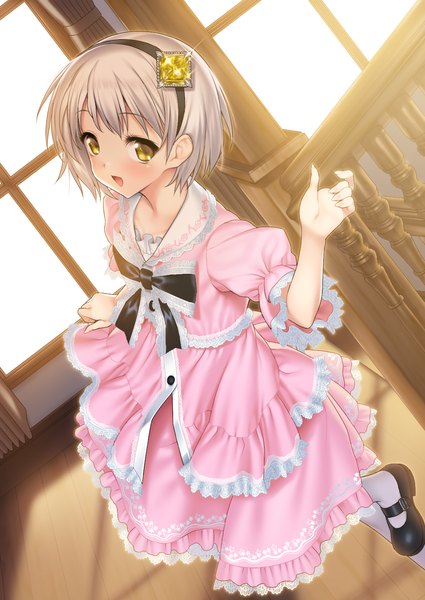 Anime picture 1031x1457 with original suzume inui single tall image blush short hair open mouth yellow eyes silver hair girl dress frills hairband