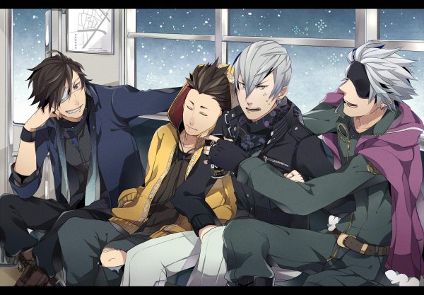 Anime picture 1200x834 with sengoku basara production i.g date masamune motochika chousokabe mitsunari ishida tokugawa ieyasu kiragera short hair open mouth black hair red eyes green eyes silver hair indoors eyes closed multiple boys snowing letterboxed winter boy