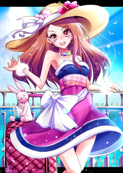Anime picture 714x1000 with idolmaster minase iori natsu (anta tte hitoha) single long hair tall image looking at viewer blush open mouth smile brown hair bare shoulders sky cloud (clouds) girl dress bow hat earrings animal