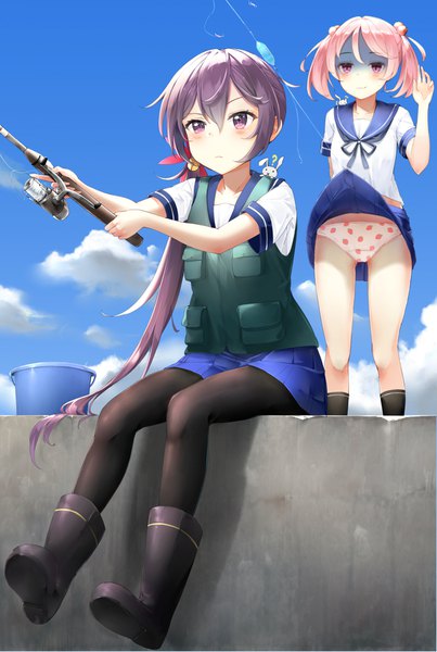 Anime picture 1200x1787 with kantai collection akebono destroyer sazanami destroyer somalisu long hair tall image blush fringe short hair light erotic hair between eyes standing sitting twintails purple eyes multiple girls holding looking away pink hair sky