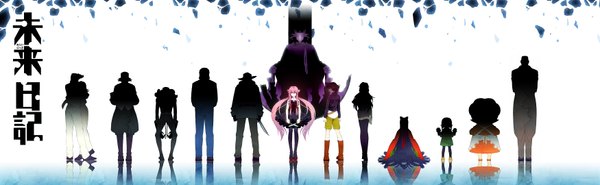 Anime picture 3500x1080 with mirai nikki gasai yuno amano yukiteru uryuu minene kasugano tsubaki kurusu keigo hirasaka yomotsu deus ex machina (mirai nikki) houjou reisuke ikusaba marco john balks mikami ai tsukishima karyuudo ueshita kamado hakusai (tiahszld) long hair fringe highres black hair simple background