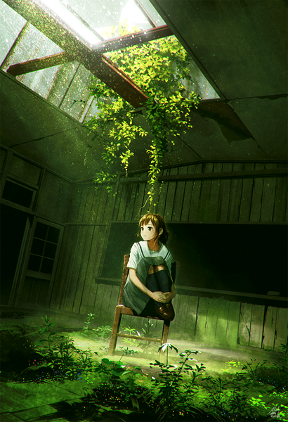 Anime picture 751x1100 with original mocha (cotton) single long hair tall image fringe brown hair sitting brown eyes looking away ponytail indoors sunlight short sleeves dutch angle hug ruins classroom sad green background