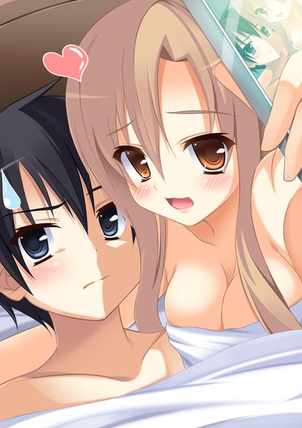 Anime picture 1074x1518 with sword art online a-1 pictures yuuki asuna kirigaya kazuto aria. long hair tall image blush short hair breasts blue eyes light erotic black hair brown hair brown eyes girl boy phone