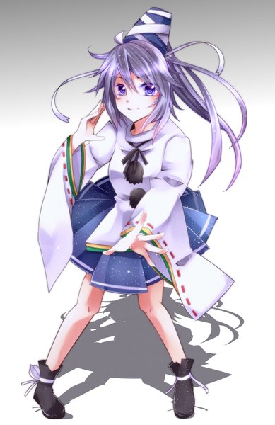 Anime picture 1200x1850 with touhou mononobe no futo aru16 single long hair tall image looking at viewer purple eyes purple hair long sleeves shadow girl dress hat