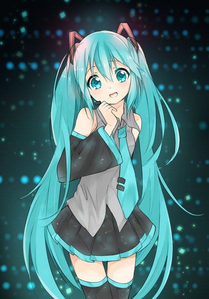 Anime picture 700x1000 with vocaloid hatsune miku minmii (minmi078) single long hair tall image looking at viewer fringe open mouth hair between eyes twintails bare shoulders aqua eyes aqua hair zettai ryouiki arm behind back girl thighhighs black thighhighs detached sleeves