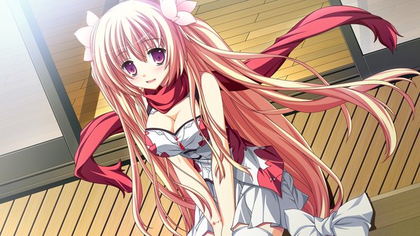 Anime picture 1280x720 with fortissimo//akkord:bsusvier (game) sakura (fortissimo) ooba kagerou single long hair blush blonde hair red eyes wide image game cg girl dress scarf