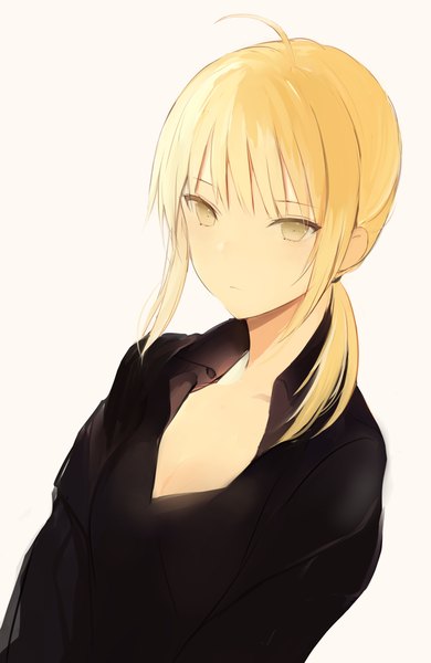 Anime picture 620x952 with fate (series) fate/stay night artoria pendragon (all) saber lpip single long hair tall image looking at viewer blush fringe breasts simple background blonde hair white background brown eyes payot cleavage upper body ahoge