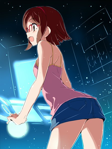 Anime picture 750x1000 with mobile suit gundam gundam build fighters sunrise (studio) kousaka china akata itsuki single tall image blush short hair open mouth brown hair bare shoulders brown eyes looking away :d profile girl skirt miniskirt glasses