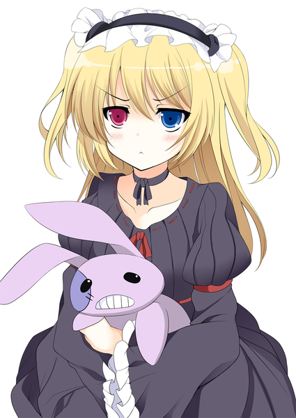 Anime picture 859x1214 with boku wa tomodachi ga sukunai hasegawa kobato kusano (torisukerabasu) single long hair tall image looking at viewer blush simple background blonde hair white background loli two side up heterochromia girl dress headdress toy stuffed animal