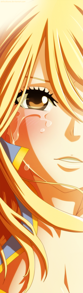Anime picture 580x2032 with fairy tail lucy heartfilia akilachione single long hair tall image blush blonde hair smile brown eyes tears coloring close-up face