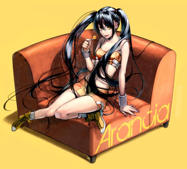 Anime picture 1200x1088 with arancia project original arancia noako (artist) single long hair open mouth black hair simple background sitting twintails orange eyes yellow background girl miniskirt socks white socks sneakers lollipop armchair