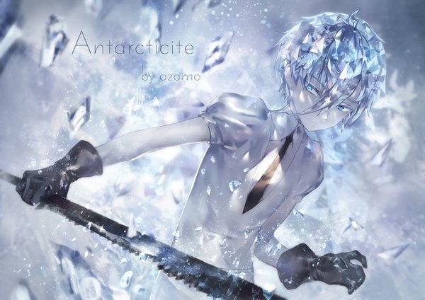 Anime picture 2546x1800 with houseki no kuni antarcticite azomo single fringe highres short hair blue eyes hair between eyes signed looking away silver hair puffy sleeves character names androgynous gloves weapon sword black gloves necktie