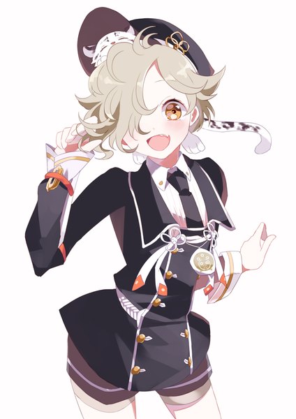 Anime picture 800x1131 with touken ranbu nitroplus gokotai gokotai's tigers kurara (skra1015) single tall image looking at viewer blush fringe short hair open mouth simple background blonde hair white background hair over one eye orange eyes animal on head boy uniform