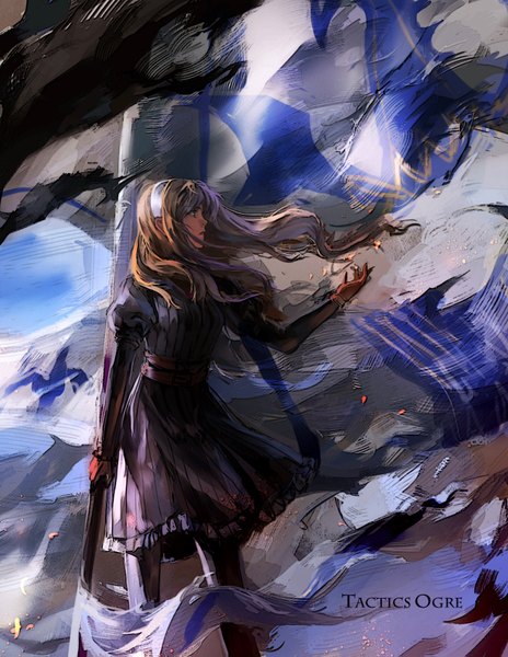Anime picture 1392x1799 with tactics ogre catiua powell kzcjimmy single long hair tall image open mouth brown hair standing holding brown eyes profile wind inscription puffy sleeves girl dress gloves pantyhose hairband