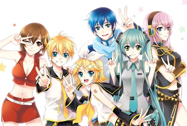 Anime picture 1500x1008 with vocaloid hatsune miku megurine luka kagamine rin kagamine len kaito (vocaloid) meiko mca (dessert candy) long hair looking at viewer short hair open mouth blue eyes simple background blonde hair smile red eyes brown hair white background bare shoulders